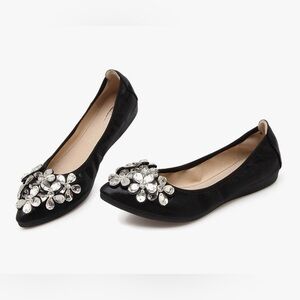 Foldable Soft Ballet Pointed Toe Ballet Flat Black Rhinestone Size 11.5 / 12 43